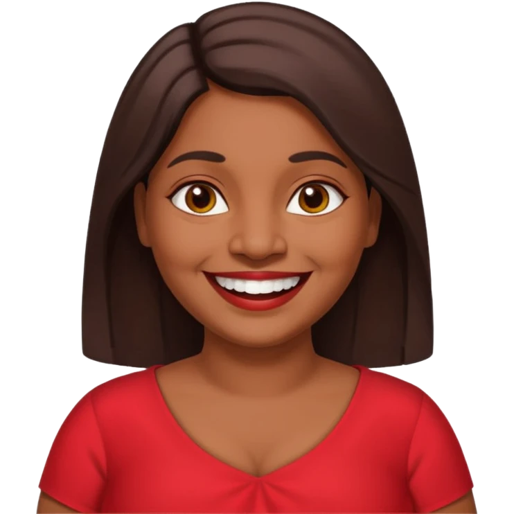 50 yr old chubby Sri Lankan woman, dark skin, straight brown hair, big smile, white teeth, red dress clothes, shoulder length hair, longer hair emoji