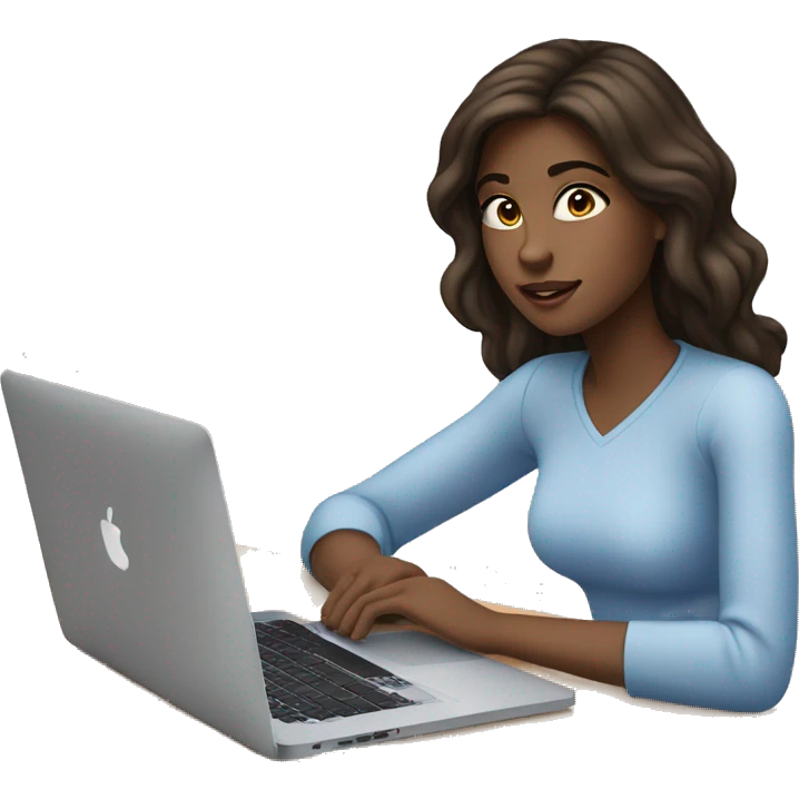 A brunette girl, blue eyes, works on a MacBook emoji