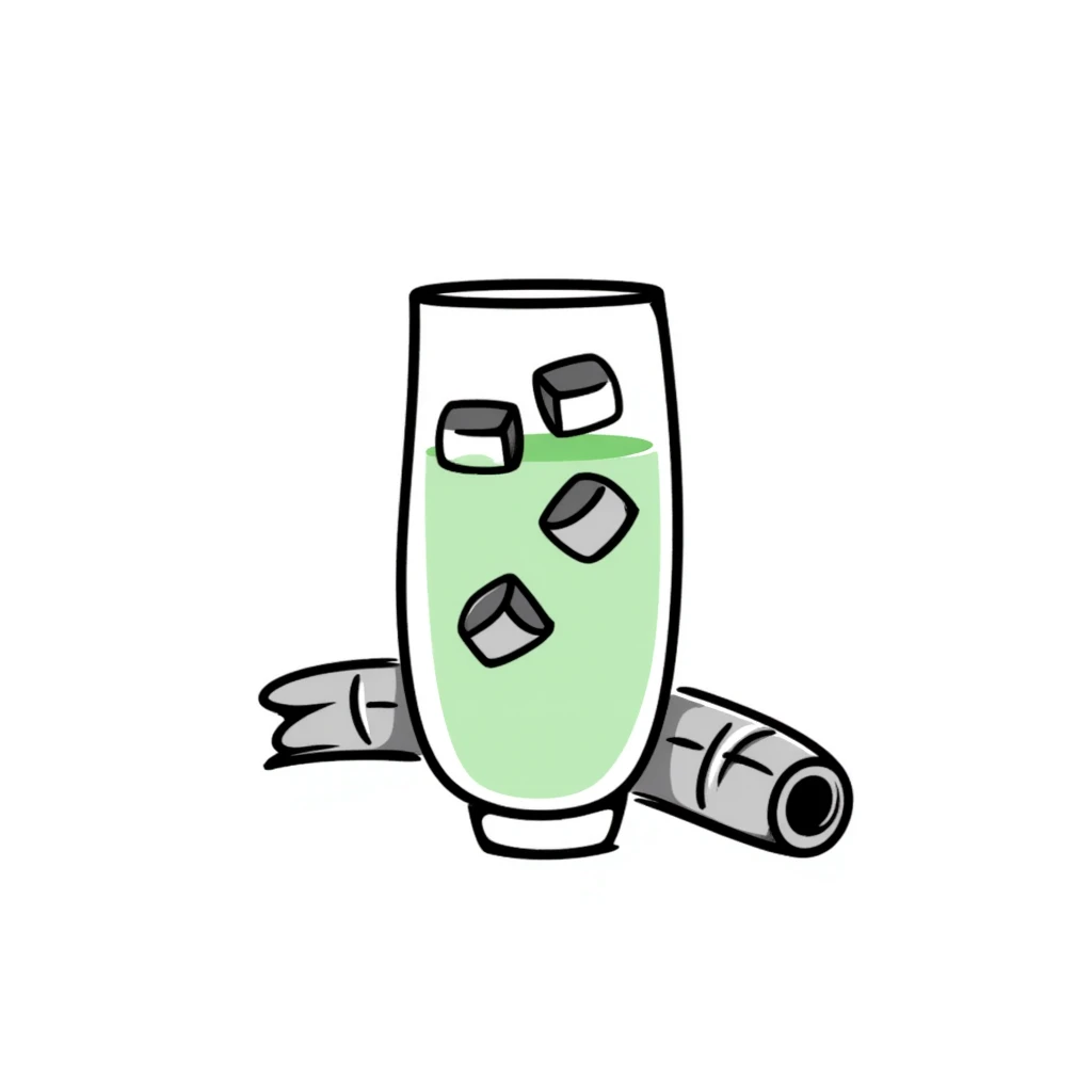 Hand-drawn glass of sugarcane juice with ice cubes, light green liquid, and a piece of sugarcane beside it emoji