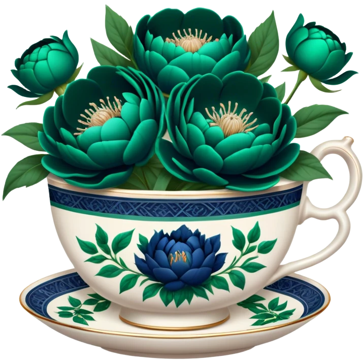 A charming composition of a vintage teacup with an intricate emerald green design, placed beside a bouquet of navy blue peonies. emoji