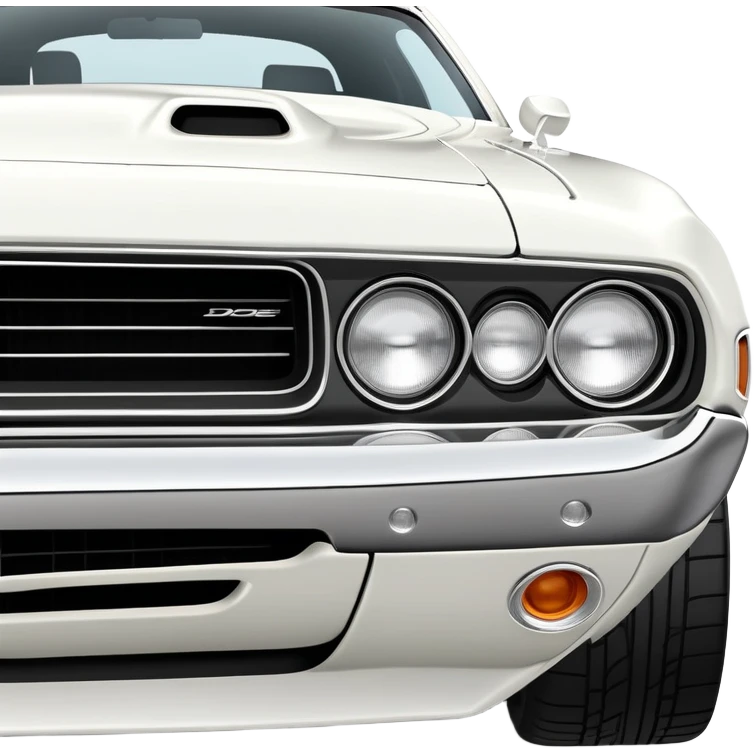 Precisely proportioned white 1971 Dodge Challenger, consistent 30-degree angle showing correct perspective of front and side, authentic muscle car structure, completely white exterior, iOS emoji style emoji