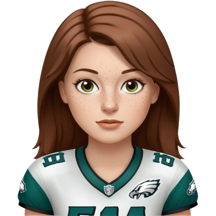 White girl with long  milk chocolate brown hair and freckles wearring a Philadelphia eagles jersey emoji