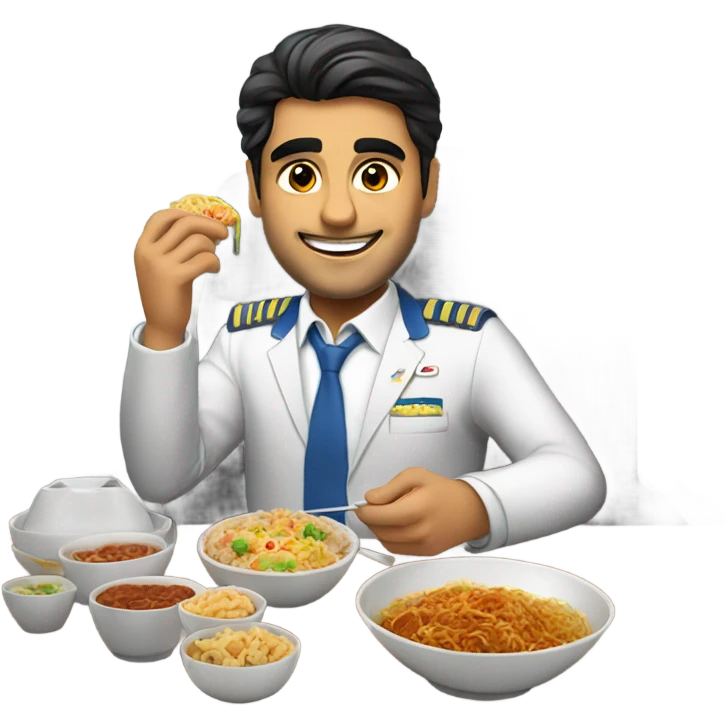 Male Persian Flight attendant eating Chinese food headed to china emoji