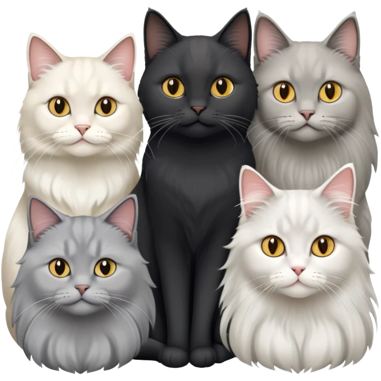 black hair girl , a grey longhair cat and a british white longhair and a british longhair golden cat emoji