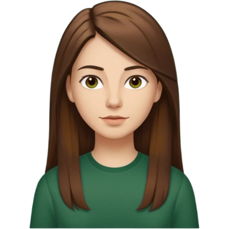 30 yr Caucasian woman long brown straight hair parted on side dark green shirt emoji