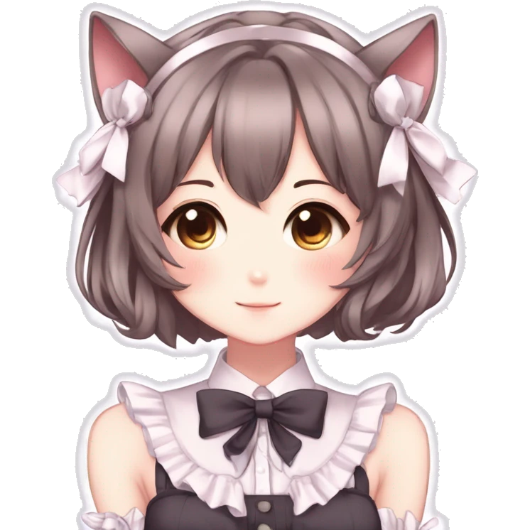 Gorgeous anime style catgirl with blushing face with maid outfit bow tie idol model kawaiicore pearly petite simplistic aesthetic trending style emoji