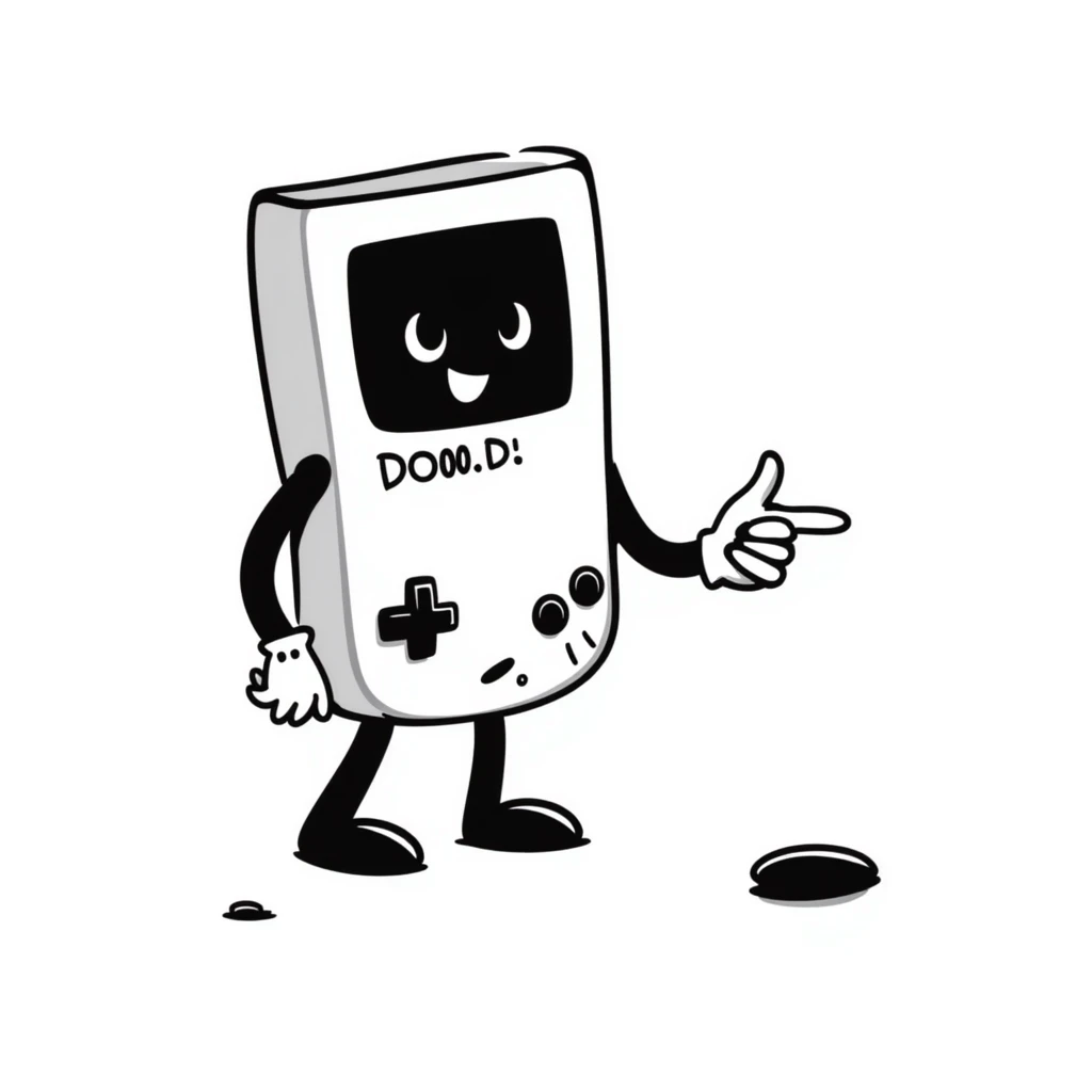 1930s style cartoon gameboy console character, cuphead-style, in black and white, on a plain white background, pointing at something.

 emoji