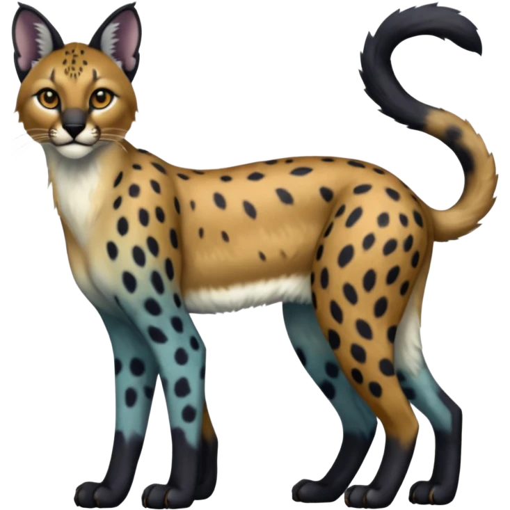 Colorful adorable shiny spectral soft smooth black gloomy dark dull melanistic Caracal-Cheetah-Serval-Snow-Leopard-Trico-Sergal-Vernid-fusion-hybrid-animal-creature, full body emoji