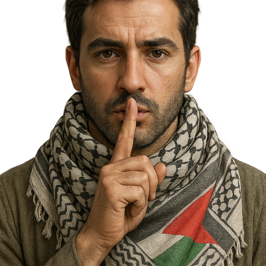 a person making a 'shh' gesture with a finger on their lips, wearing a Palestinian kufiya scarf, with the Palestinian flag subtly incorporated into the design, detailed, realistic, subtle colors emoji