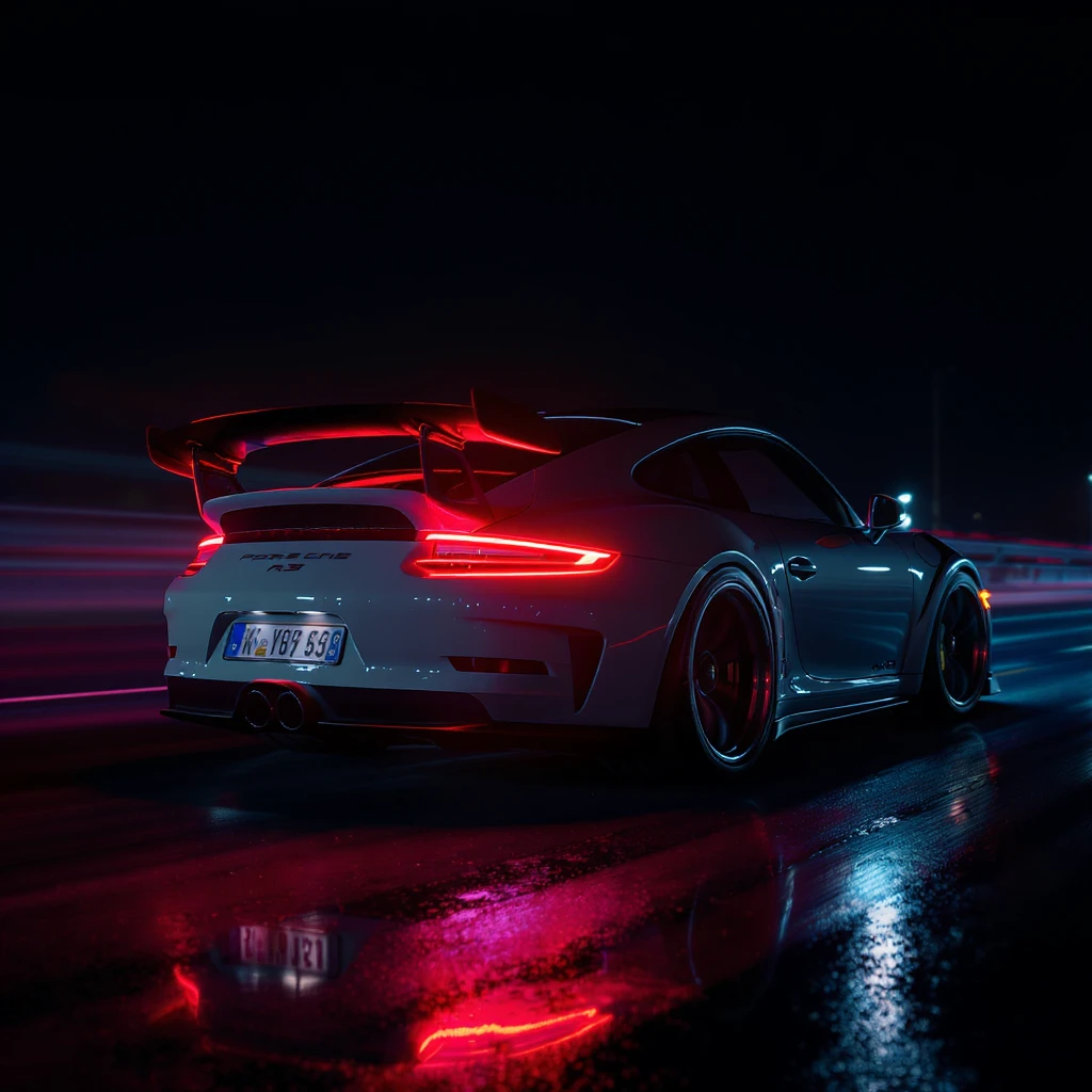 Cinematic still of a porsche 911, gt3 rs night photo, red lights and blue bright night  emoji