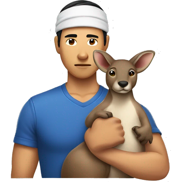 Asian male tough with sweatband holding a kangaroo emoji