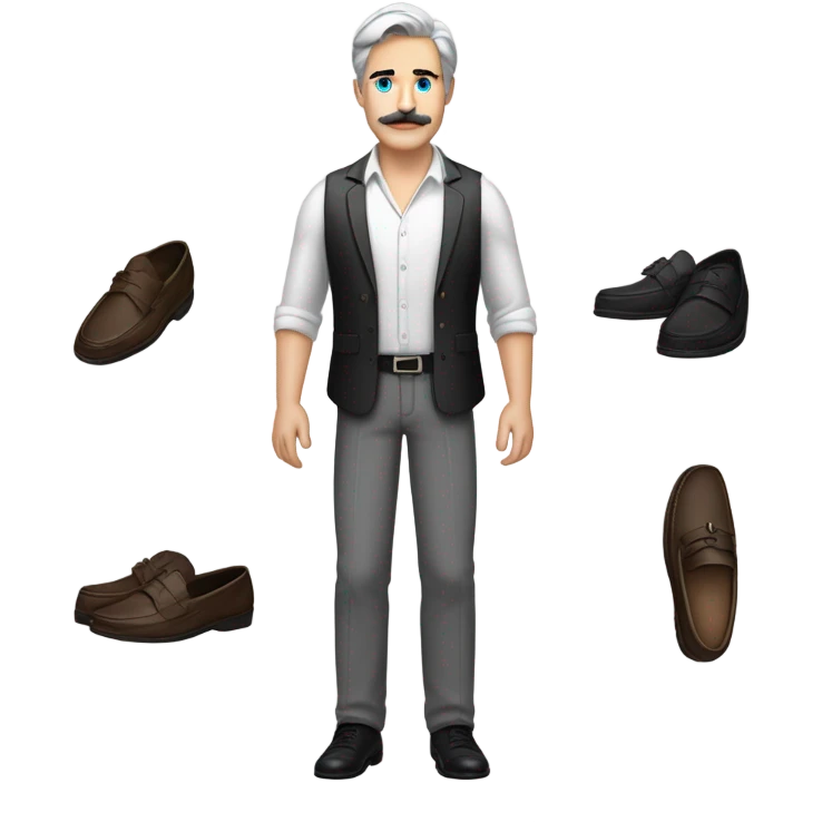 a white man standing  with blue eyes a thick dark brown  moustache, down turned black eyebrows and then dark grey hair he’s wearing an expensive watch and a white shirt and black dressy pants with beige loafers he’s very handsome  emoji