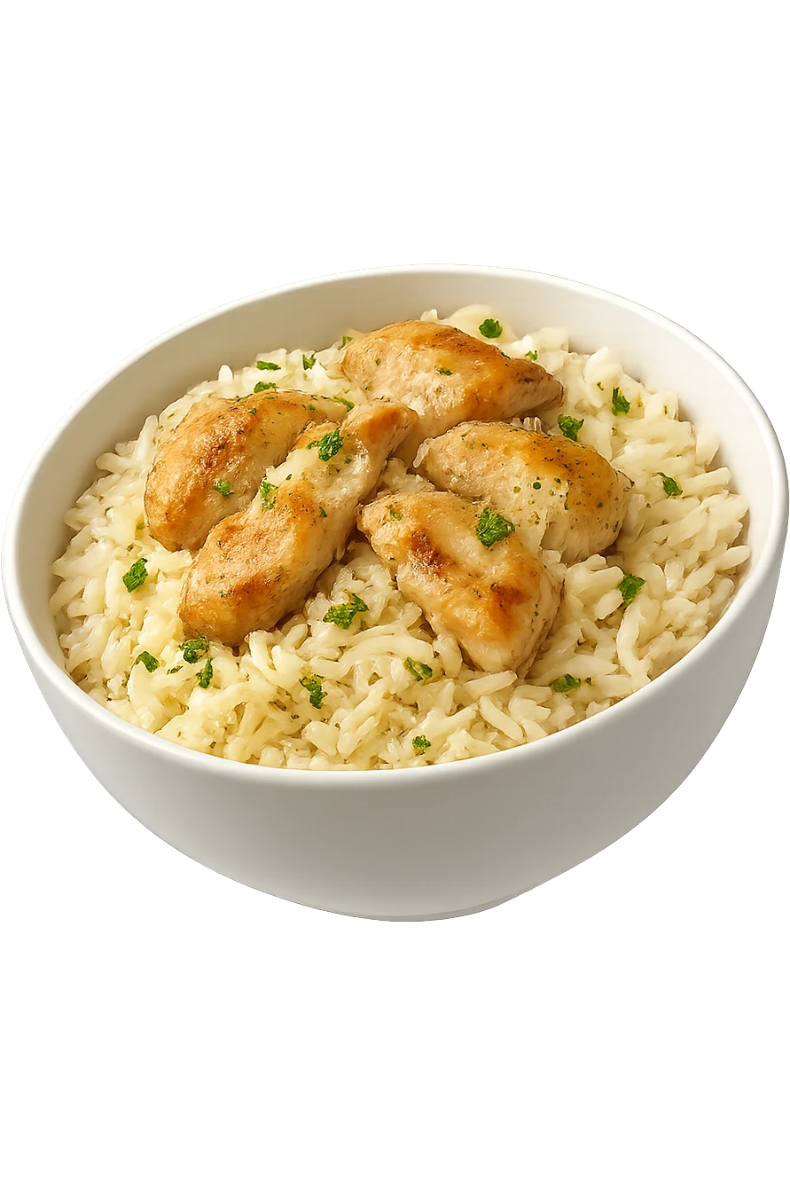 bowl bianca che fluttua in aria con riso e pollo emoji