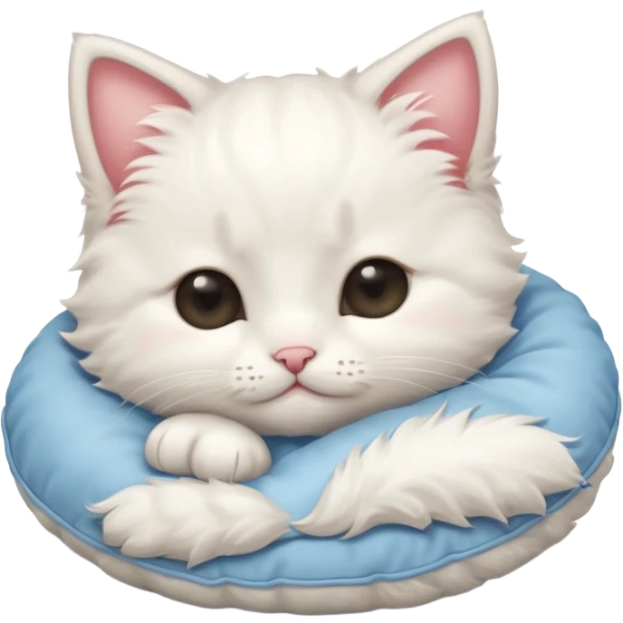 Stitch white fluffy kitten snuggling a pillow, cheeks rosy, eyes closed in > < shape emoji
