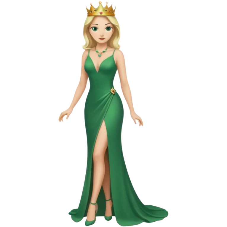 Queen, crown, blonde hair, green eyes, long green tight dress, decoltee,  Leg slit, whole Body, emoji