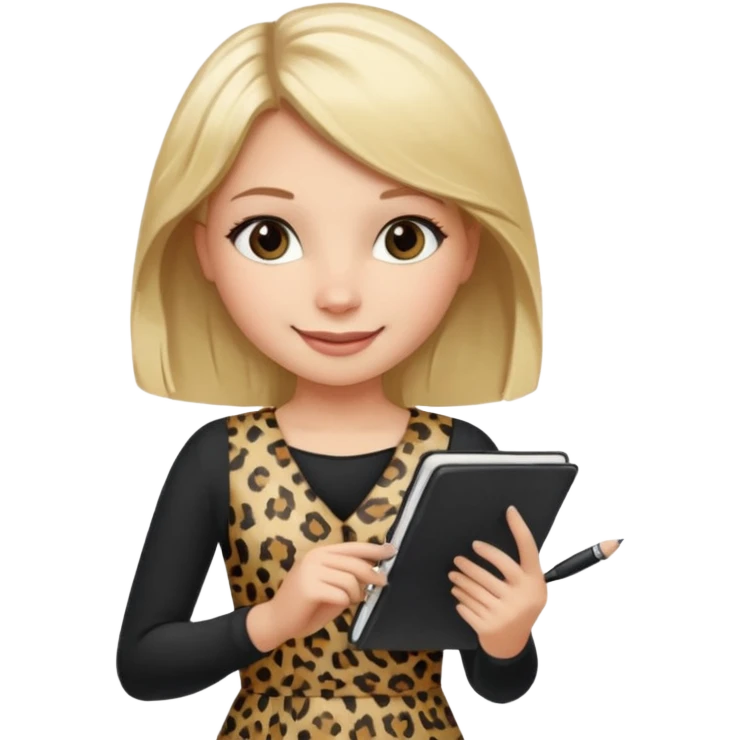 Blond hair girl with a leopard print dress and black leggings smiling holding a note book and a pen emoji