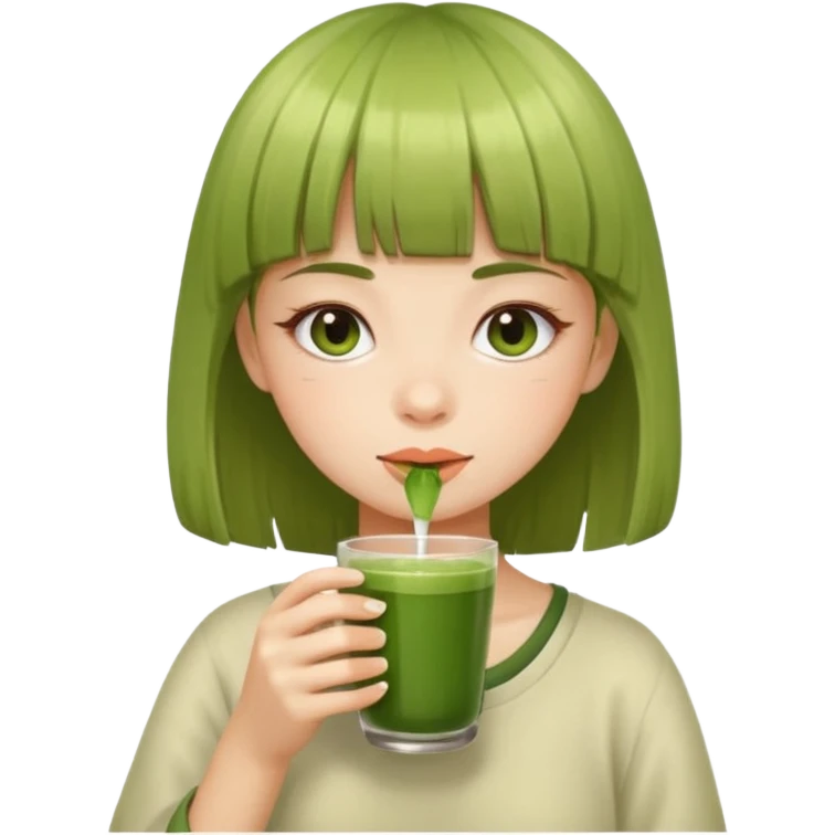a girl with bangs drinking matcha emoji