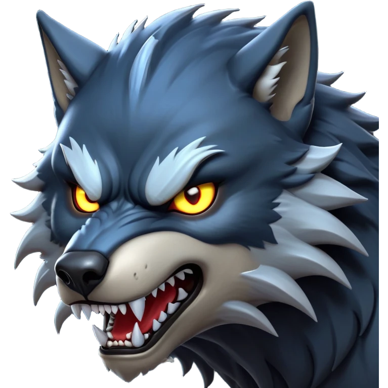 cinematic-noble-fierce-werewolf-head-close-up-emoji, poised-and-imposing, with a fierce wolfish face featuring glowing eyes full of primal ferocity, sharp, elongated fangs and a rugged snout, fur rippling in shades of midnight black and silver, muscles tensed and hunched over in an intense, threatening stance; rendered with realism, capturing the raw, untamed power of the beast beneath the moonlit sky emoji
