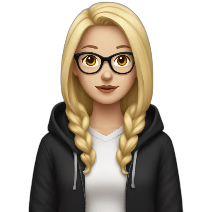 white girl with glasses and long blonde hair and black hoodie and a red doberman emoji