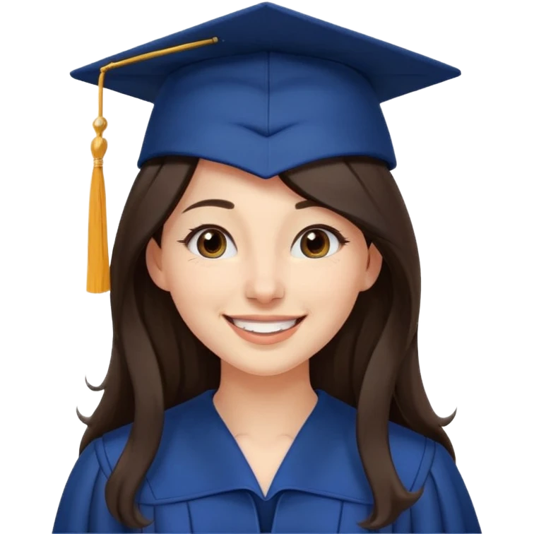 带着学士帽的，深棕色长发，黄种偏白皮肤的，高鼻梁，不戴眼镜的女博士生，在单只眼眨眼并开朗的笑，年龄26岁，学士服全身深蓝色但是黑领子， emoji
