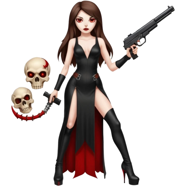 Lilith symbol red eye seductress evil long brown haired sexy succubus woman with leather long dress with slit on, sitting in Big Large F350 pickup truck. Platform high heels in feet. Back seat full of stacks of cash, she is  Holding a human skull of her enemies and a gun in other hand emoji