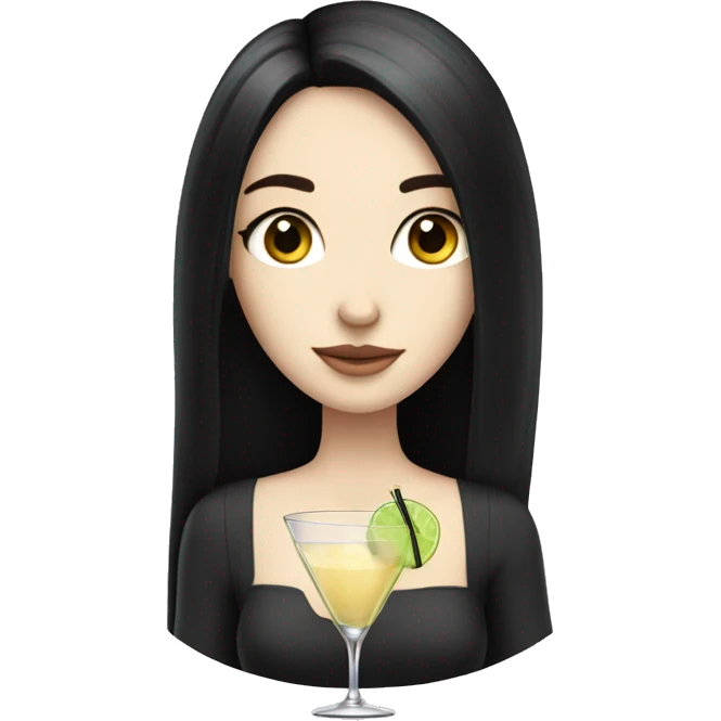 Pale girl with long black hair with chest holding cocktail emoji