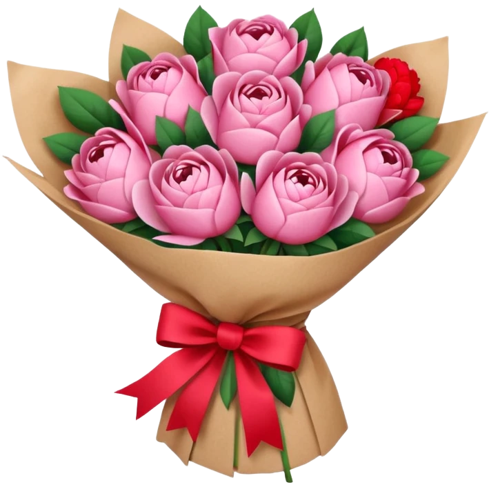 Bouquet of pink flower like rose and peony wrapped in kraft paper with red bow emoji