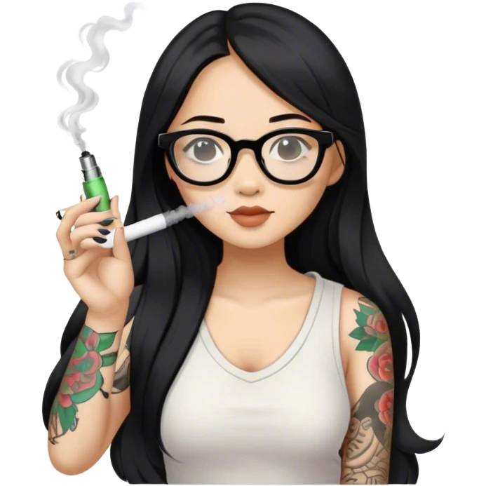 Black hair long hair Asian girl, wearing slippers, glasses, only one arm tattooed, smoking an e-cigarette emoji