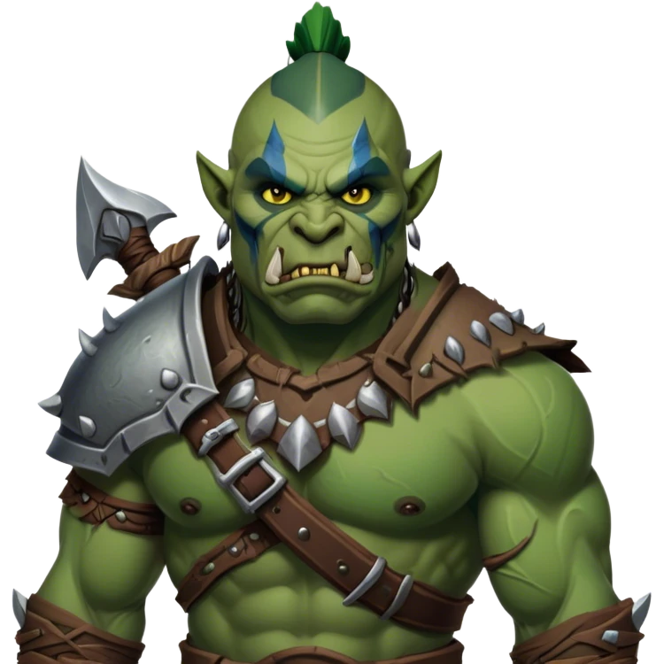 Cinematic Realistic WoW Orc Warrior Portrait, head tilted epicly and inquisitively, showcasing a commanding presence and raw, unyielding power. His battle-hardened green skin and muscular form, accented by meticulously crafted tribal armor in deep earthy hues, are rendered with lifelike clarity and dynamic lighting, high shine, epic and awe-inspiring, embodying the relentless spirit of an orc warrior ready for battle. emoji