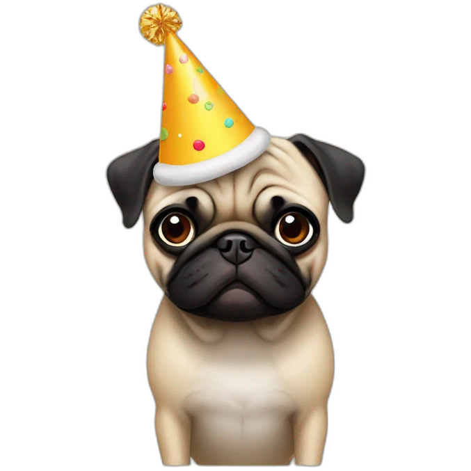 Beige pug and black pug wearing birthday hat emoji