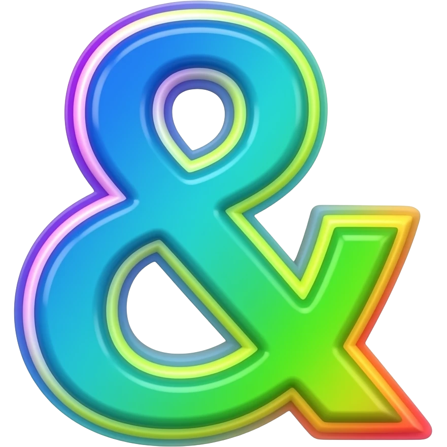 name "&" in bright blue teal green 3D style typography lettering, each color of the rainbow as a border outlined around each letter, isolated, 3d rendering, no emoji icons no emoji faces and must have no human figures emoji