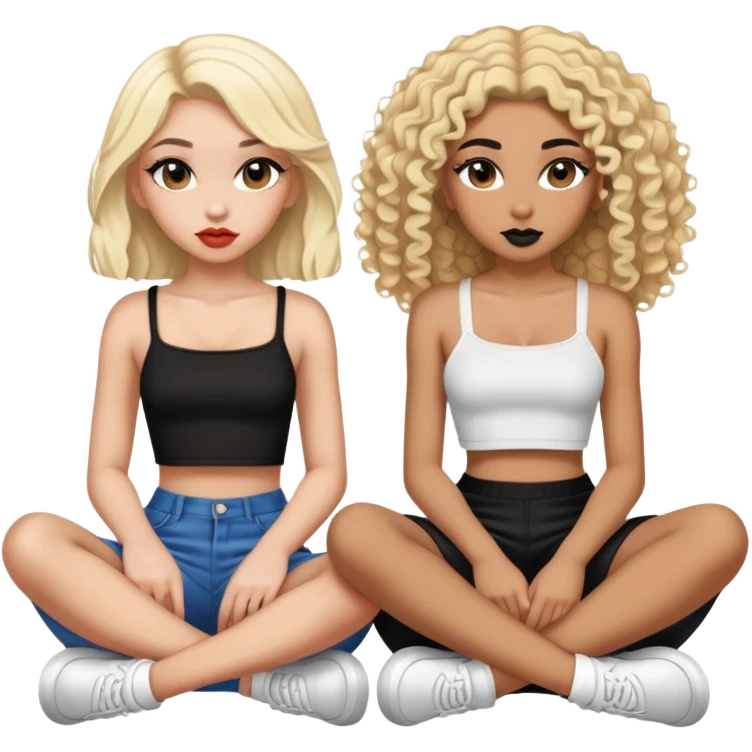 Full body of two teenage girls sitting together, one white with straight blonde hair and one brown-skinned with curly black hair, both with heavy makeup, big lips, crop tops and choni style clothing emoji