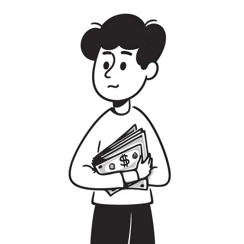 dark brown haired guy with a round face, disappointed expression, holding cash emoji