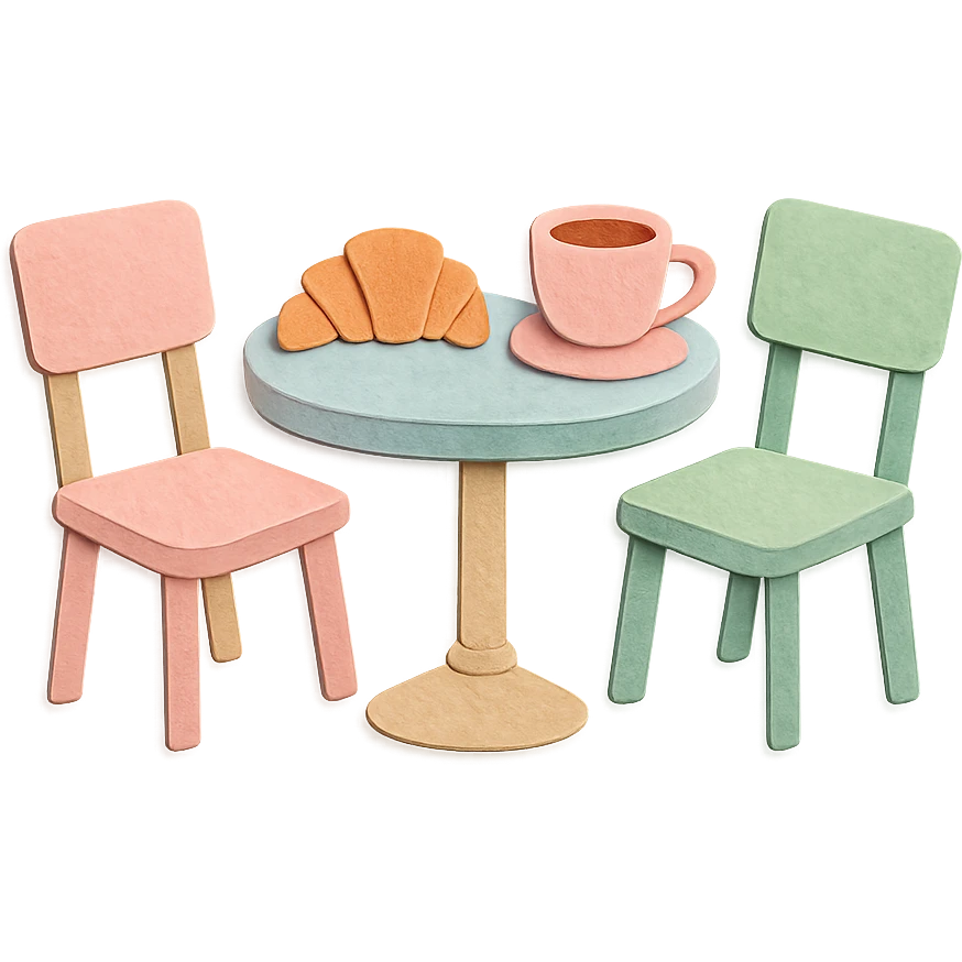 kawaii coffee shop table and chairs set with croissant and coffee, soft pastel hand-drawn illustration emoji