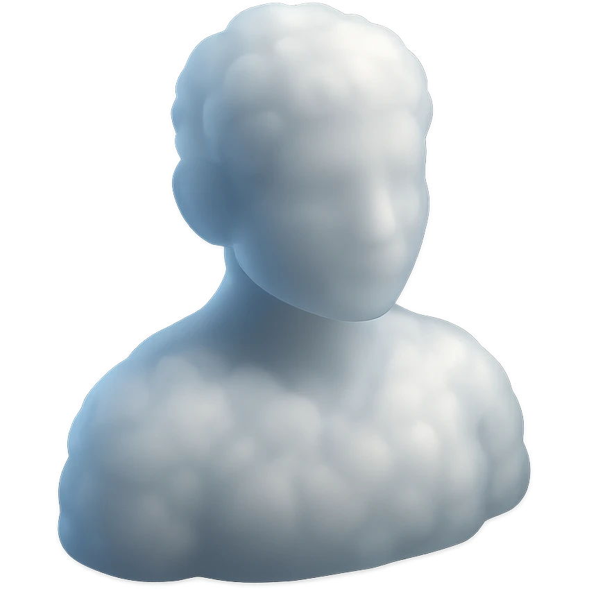 person looking straight, fully made of white fluffy convex clouds, shoulders up, no shadows, matte glass style emoji