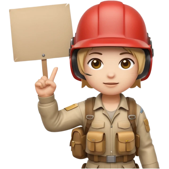 Create a cute emoji-style PUBG Mobile character, chibi version with helmet and backpack, standing in victory pose, holding a blank white sign or paper sheet in both hands in front of chest, ready for text, clean white background, simple emoji design” emoji