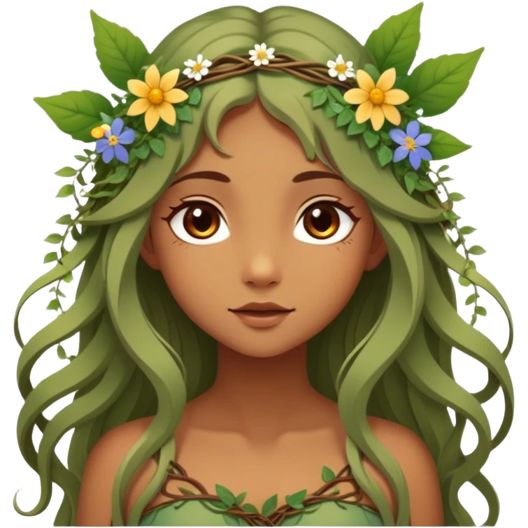 Cinematic Realistic Forest Nymph Fairy Portrait, depicted with lifelike, sun-kissed tanned skin that radiates an earthy glow, softly illuminated by natural, dappled light. Her long, flowing hair is intricately detailed and interwoven with delicate vines and wildflowers, while her deep, soulful eyes mirror the wisdom of the forest. Dressed in an attire inspired by nature’s palette—with subtle botanical motifs—the portrait exudes a soft, enchanted glow that melds realism with woodland magic. emoji