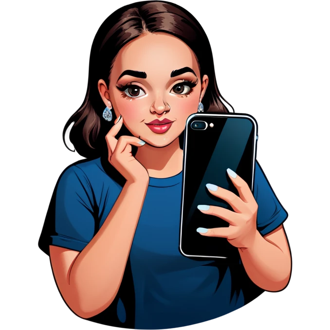 A shy slightly overweight beautiful girl with a diamond nose piercing holds her black iPhone  emoji