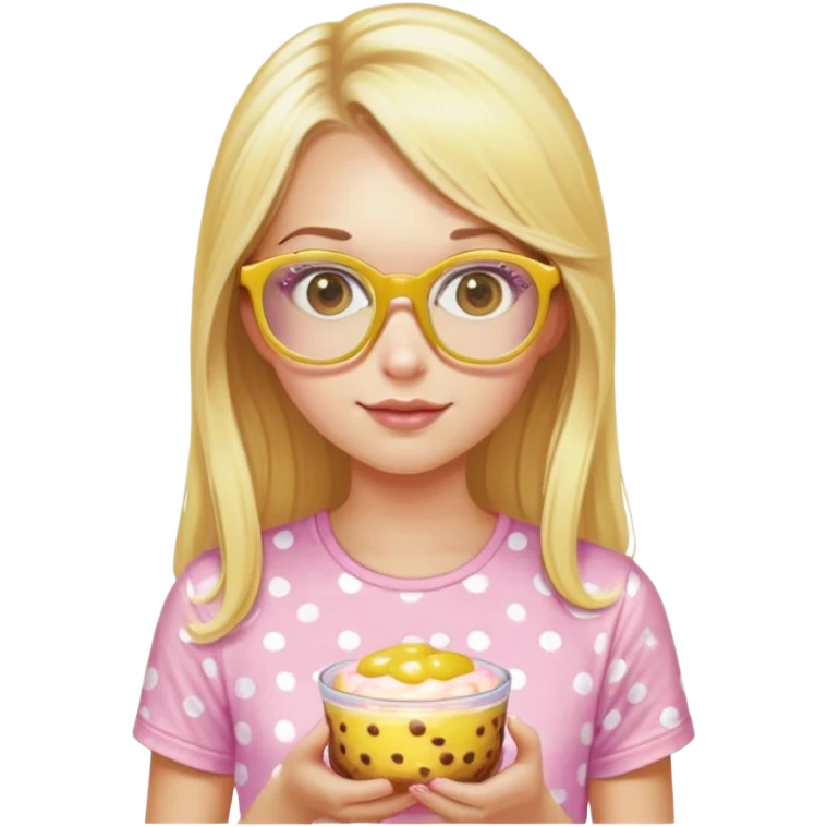 a girl with long lashes, long blonde hair, light pink glasses, wearing yellow polka dot t-shirt, holding a pudding emoji