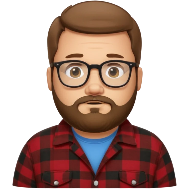 Fat white guy with glasses and short brown hair and beard wearing a cartoon flannel  emoji