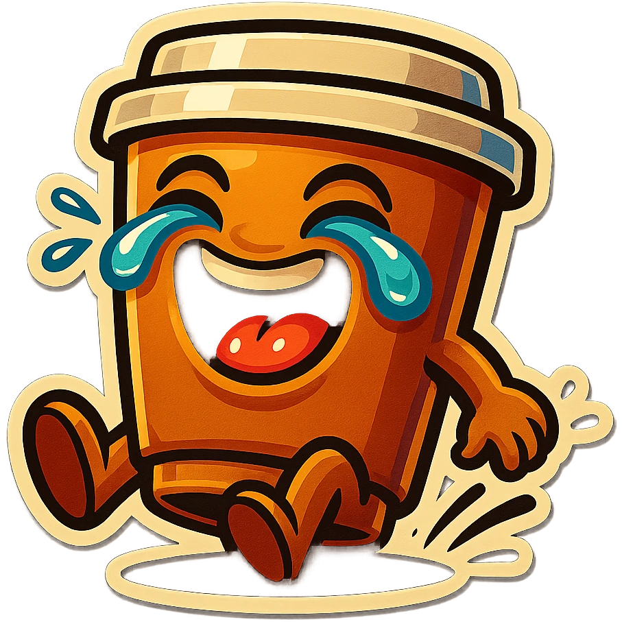 Tall coffee cup, laughing hard, tears in eyes, pounding ground, dramatic laugh emoji