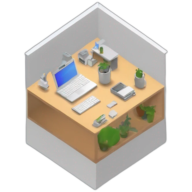 isometric square solid outline border containing indoor creative start-up office people active working macbook multi-mornitor tools simple clean developer-space #edc31b emoji