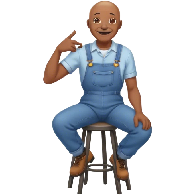 Side angle Laughing Old bald black man sitting on stool wearing overalls emoji
