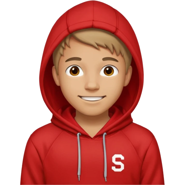 make me an emoji of an americain 19 yearold boy in a red hoodie that says "south" on it and give him with tan skin with his hands in his pockets with the sleevs pulled up grining with a jaw line  emoji