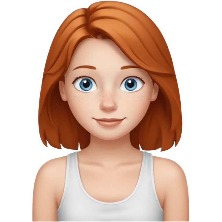 Una chica de tez blanca con pecas, nariz respingada, labios gruesos, ojos grandes color azul grisáceo, pelo largo, lacio, color avellana. Con una blusa de tirantes blanca. Que este sonriendo y q solo se vea de la cintura hacía arriba emoji