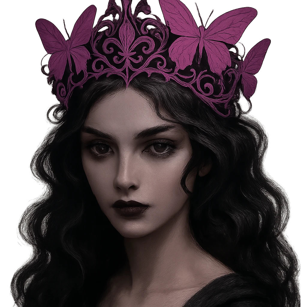 Change the butterfly crown to matte pink with purple butterflies and gothic filigree, mysterious and elegant. Keep the background transparent. emoji