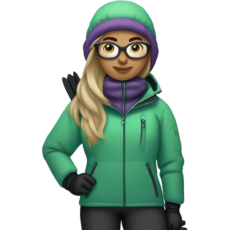 chubby female skier with long straight hair, green eyes, glasses, grey purple snow jacket, long black pants, black only snow boots and black skis looking cool. emoji