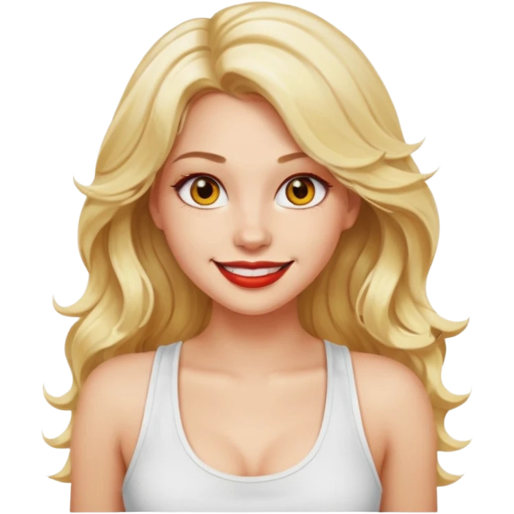 a woman with white tank top and smile, her hair is long wavy blonde hair, her face is baddie girl style, her eyes color are yellow and the color of her lip is soft red emoji