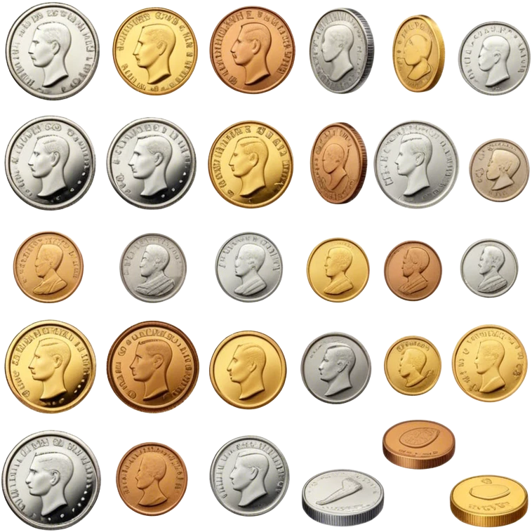 Icon for Coin Collecting: a collection of different vintage and modern coins of various forms, neatly arranged in a display case or on a table. The icon should highlight the diversity and historical value of coin collecting. Transparent background. emoji