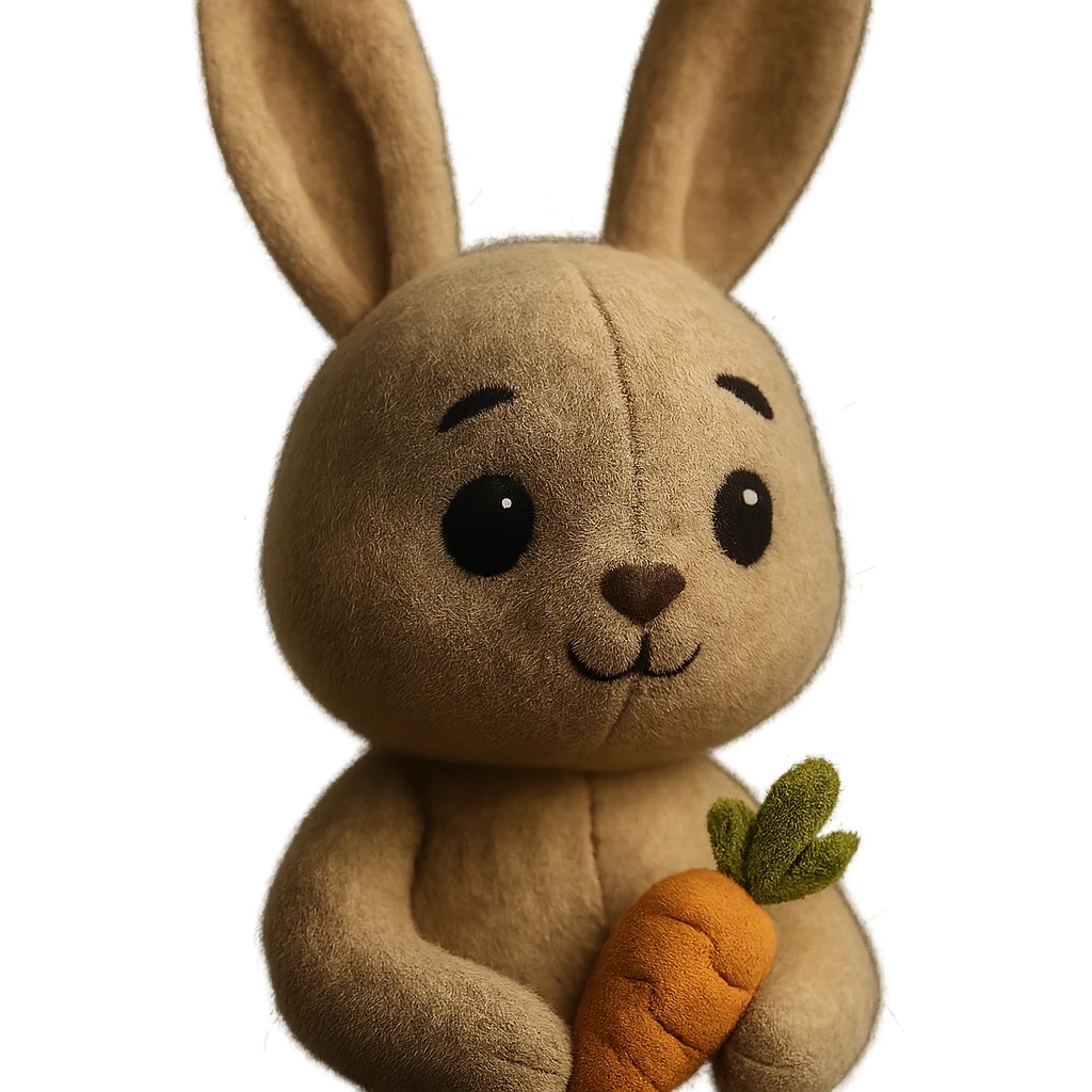a bunny plush portrait, long ears, big eyes, soft fur, holding a tiny carrot emoji